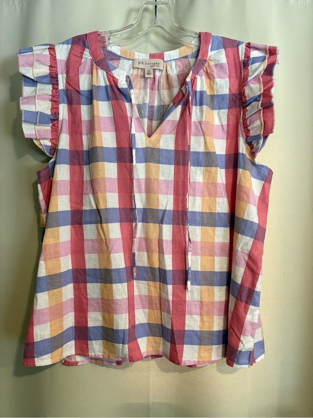 Philosophy Pink Multi-Color Plaid Flutter Sleeve Top